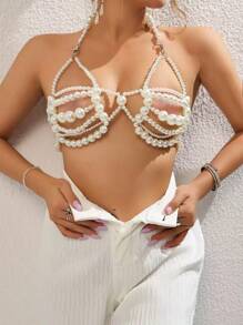 1pc Handmade Adjustable Pearl Body Chain - Essential For Goddess, Perfect For Layering And Special Occasions - White - View 4