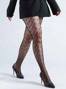 1pc Women Curve Tights With Floral Pattern, Sexy Pantyhose, Lightweight Mesh Fishnet Stockings, All-Match Black Hosiery, Versatile For Spring & Summer