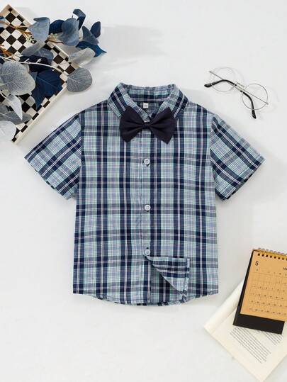 Camicia a maniche corte con stampa a quadri e colletto per ragazzo, con fiocco, adatta per vacanze, feste, scuola, uso casual e quotidiano, per l'estate