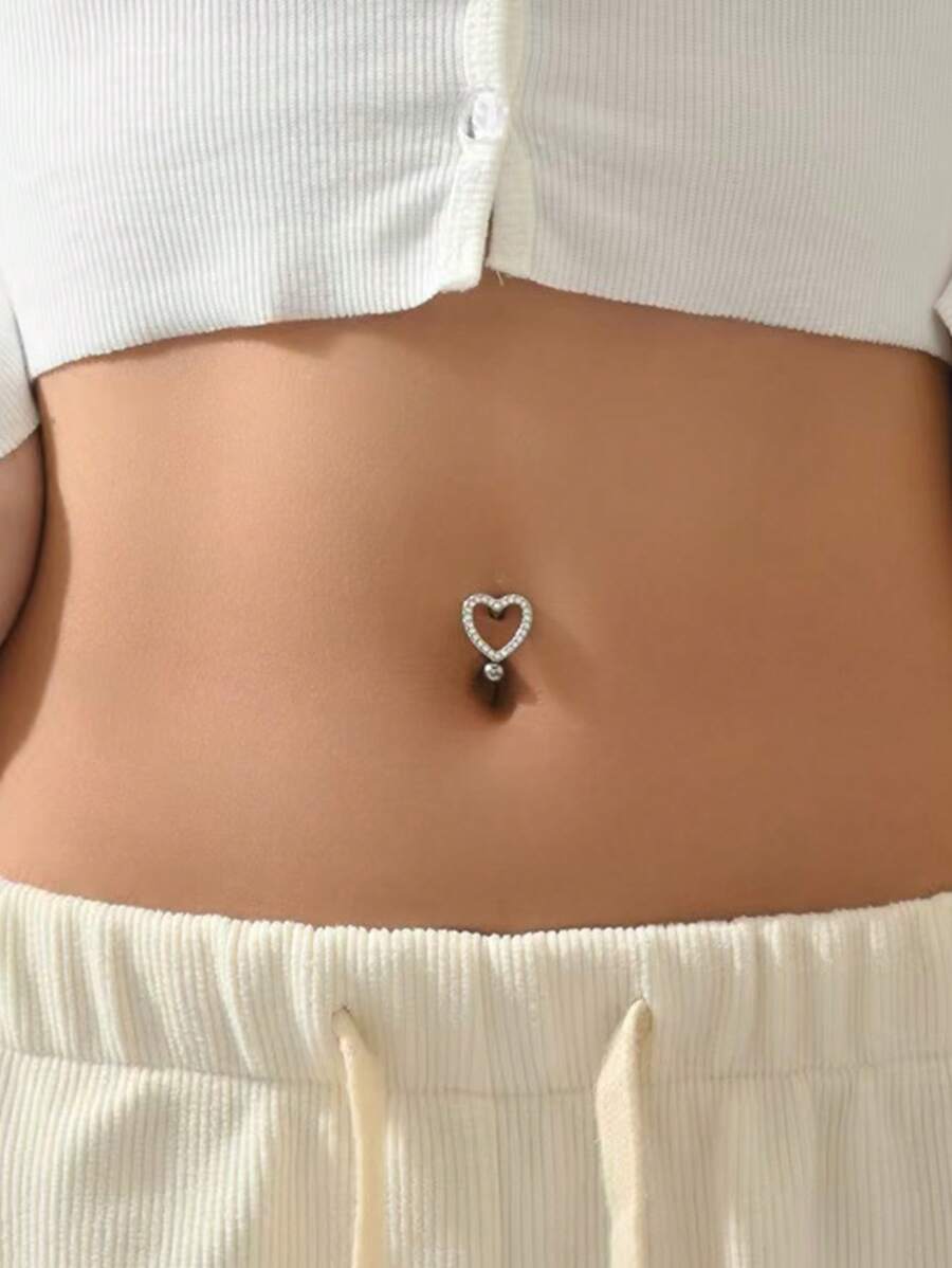1 件空心心形锆石不锈钢肚脐环 - 銀色 - 查看 1
