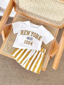 2Pcs/Set Newborn Infant Baby Boys Girls Casual Letter Print Short Sleeve Top + Striped Shorts, Summer