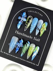 10 piezas de puntas de uñas afiladas y con relieve 3D en degradado de color azul 'dopamina', de estilo Y2K, adecuadas para uñas postizas de damas y niñas