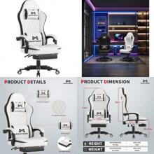 Gaming Chair With Footrest Ergonomic Computer Chair With Lumbar Support With 4D Foam Sports Seat Cushion Breathable Leather Material Height Adjustable Adult Office Chair White