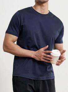 Plain Short Sleeve T-Shirt 100% Cotton Basic S-G3 - 藍色 - 查看 3