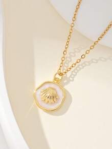 1pc Aço Inoxidável Golfinho & Branco Disco de Concha Pingente Colar, Adequado Para Uso Diário Feminino E Férias - Ouro amarelo - Ver 10