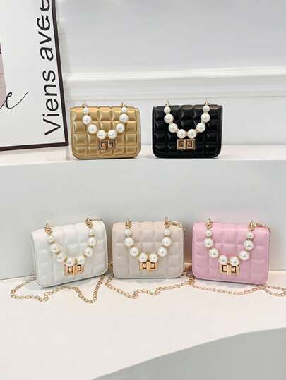 1个可爱甜美斜挎包，韩版时尚零钱包，纯色休闲PU质感小方包，手提包，珍珠手柄，链条肩带，搭扣，时尚链条斜挎小方包，适合青少年购物、日常使用，最佳礼物之选