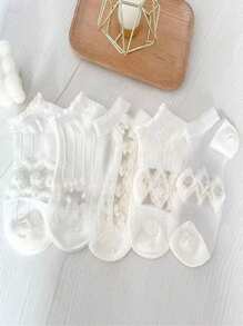 5/10 Pairs Bow Pattern Ankle Invisable Socks Low Tube Casual Style With Patterns Cute And Graceful In Cream White Comfortable - Multicolor - View 9