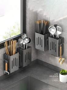 Kitchen Storage Box, Multi-Function Utensil And Chopstick Holder With Hook, Wall-Mounted Or Free-Standing, Plastic, Multi-Compartment Design, Suitable For Tableware And Dining Kitchen, Chopstick Storage Box, Drain Rack, Household Spoon, Chopstick Cage, Chopstick Tube, Kitchen Rack, Kitchen Gadgets.