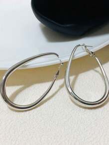 1 Pair Oval Water Drop Shape Smooth Hoop Earrings, Suitable For Daily Wear - Silver - View 2