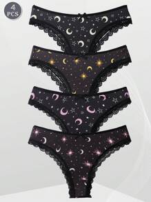 4 Pieces [Star Moon Series] Sexy Gothic Fashion Mid-Waist Women's Panties, Printed With Star, Moon Pattern Comfortable Panties