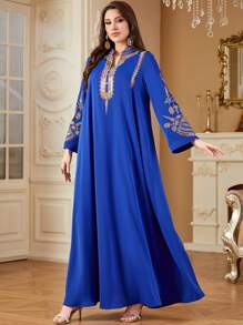 Women's Fashion Long Kaftan And Jalabiya, Featuring Colorful Embroidery And Woven Fabric With Notched Neckline, Regular Sleeves - Blue - View 3