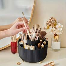 360° Rotating Makeup Organizer - Plastic Cosmetic Storage Box With 5 Compartments - Multifunctional Stand For Brushes, Lipsticks, Skincare And Stationery - Odorless Desk Storage Box, Luxury Striped Design (Makeup Tools Not Included)Summer Travel,Vacation