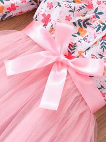 女童长袖翻领花卉印花网眼连衣裙（带腰带） - 粉色 - 查看 6