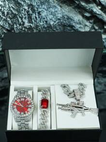 1 Set Men's Personalized Alloy Rhinestone Embellished Rifle Pendant Necklace, Gemstone Bracelet, Watch, European & American Stylish Hip-Hop Accessory, High-End Gift Box - Gun Set - View 23