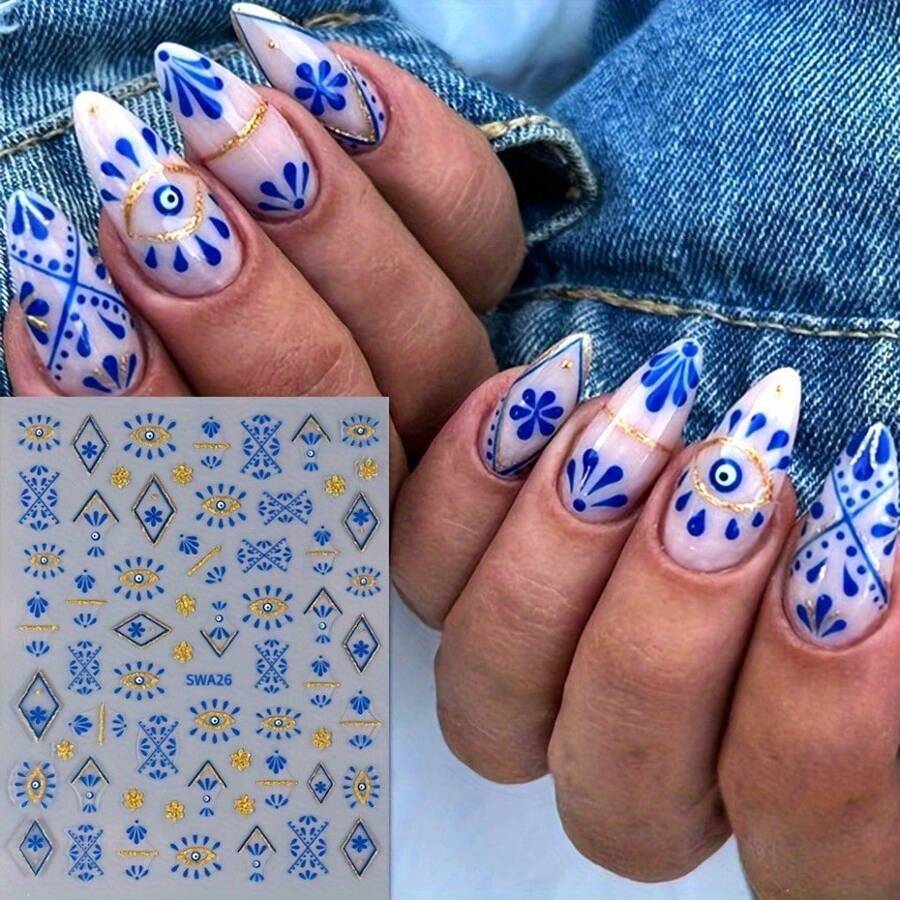 2包波西米亚蓝金色神秘恶魔之眼指甲贴一次性3D自粘指甲贴纸女生DIY艺术装饰贴纸配件 - 彩色 - 查看 1