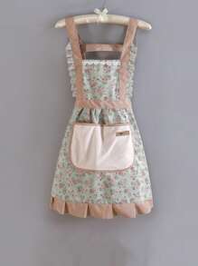 1pc Floral Pattern Bib Apron, Oil & Stain Resistant Princess Style With Pocket, Lace Trim Breathable Cooking Apron, Vintage Flower Kitchen Apron For Women, Suitable For Kitchen, Living Room, Bathroom Cleaning