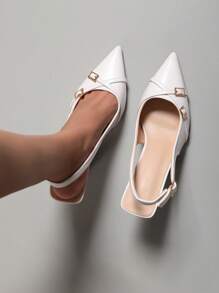 OMS European & American Fashion Women's Naked Red Bow Decor Square Buckle Closed Toe Heel Sandals, Pointed Toe Slim High Heel Slingback Shoes, Faux Leather & Elastic Crystal