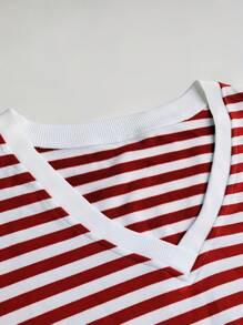 New Ladies Casual Striped Suit Long Sleeve V-Neck Loose Top Sports Shorts 2-Piece Suit - 紅色 - 查看 4