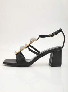 Women's Fashion Luxurious Pearl Rhinestone Rivet Ankle Strap Square Toe Chunky High Heel Sandals