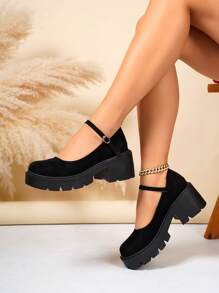 2025 春季新款厚底粗跟真皮玛丽珍鞋黑色时尚高跟百搭