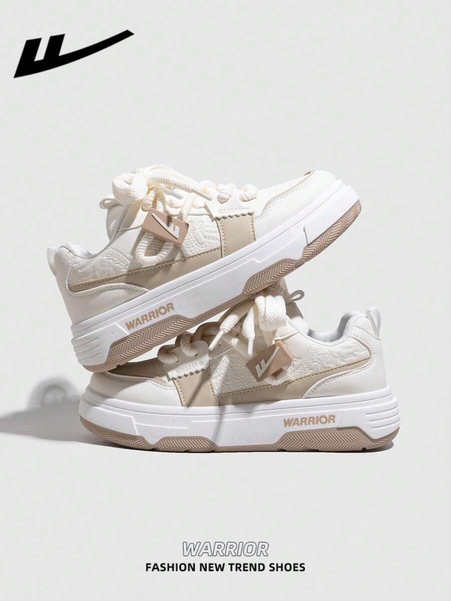 1 双 WARRIOR 女式系带厚底运动鞋，低帮透气休闲户外平底滑板鞋，轻便灵活软底，时尚舒适的步行鞋 - 白/卡其色 - 查看 1