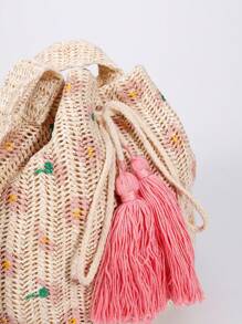 编织抽绳水桶包，可爱休闲大容量流苏手提单肩斜挎包，印花拼色时尚，适合通勤、旅行、海滩