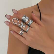 CIREY Set de 6 anillos metálicos asimétricos y texturizados, anillos personalizados unisex, regalo para parejas, regalo de festival