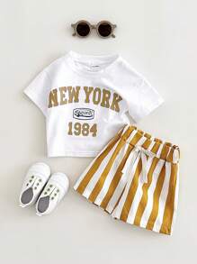 2Pcs/Set Newborn Infant Baby Boys Girls Casual Letter Print Short Sleeve Top + Striped Shorts, Summer