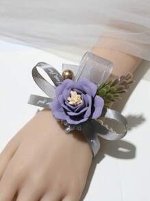 1pc Elegant Purple Violet Korean Style Bridal Wrist Flower, Wedding Dress Accessory, Bridesmaid Gift, High-End Wedding Favor, Exquisite Pearl Chain Party Bracelet Valentine's Day Accessories - Violet Purple - View 8