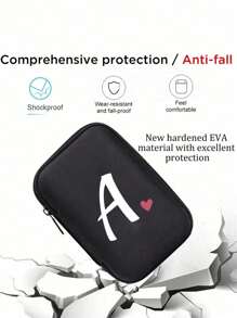 A-Z Letter & Heart Pattern Mini Portable Storage Pouch, Waterproof & Shockproof Digital Organizer Bag, Initial Monogram Phone Charger Cable Holder, Zipper Pouch For Wallet, Data Cable, Electronic Accessories, Suitable For Business, Travel, School, University, Office - Black - View 9