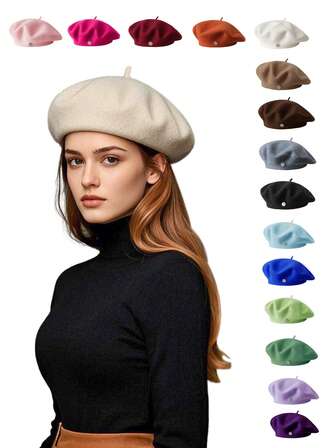 1件韩版ins百搭贝雷帽复古柔软透气弹力八角贝雷帽轻便女士帽子秋冬文艺画家帽纯色粗花呢花蕾帽女