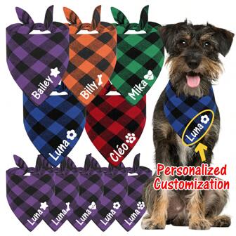 Personalized Dog Bandana, Different Patterns And Classic Plaid Designs, Party Scarf, Pet Drool Bib, Various Colors, Customizable Information Like Name
