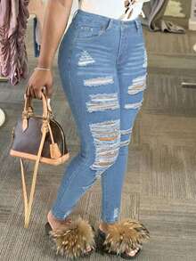 女士时尚休闲修身弹力运动裤，带口袋的温和通勤风格，性感破洞街头时尚优雅紧身牛仔裤 - 淺色水洗藍 - 查看 5