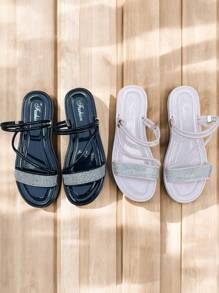 2 Pzas Sandalias en color negro y nude, sandalia estilo romana con brillos para dama, sandalias resistentes y de buena calidad, Sandalias antiderrapante