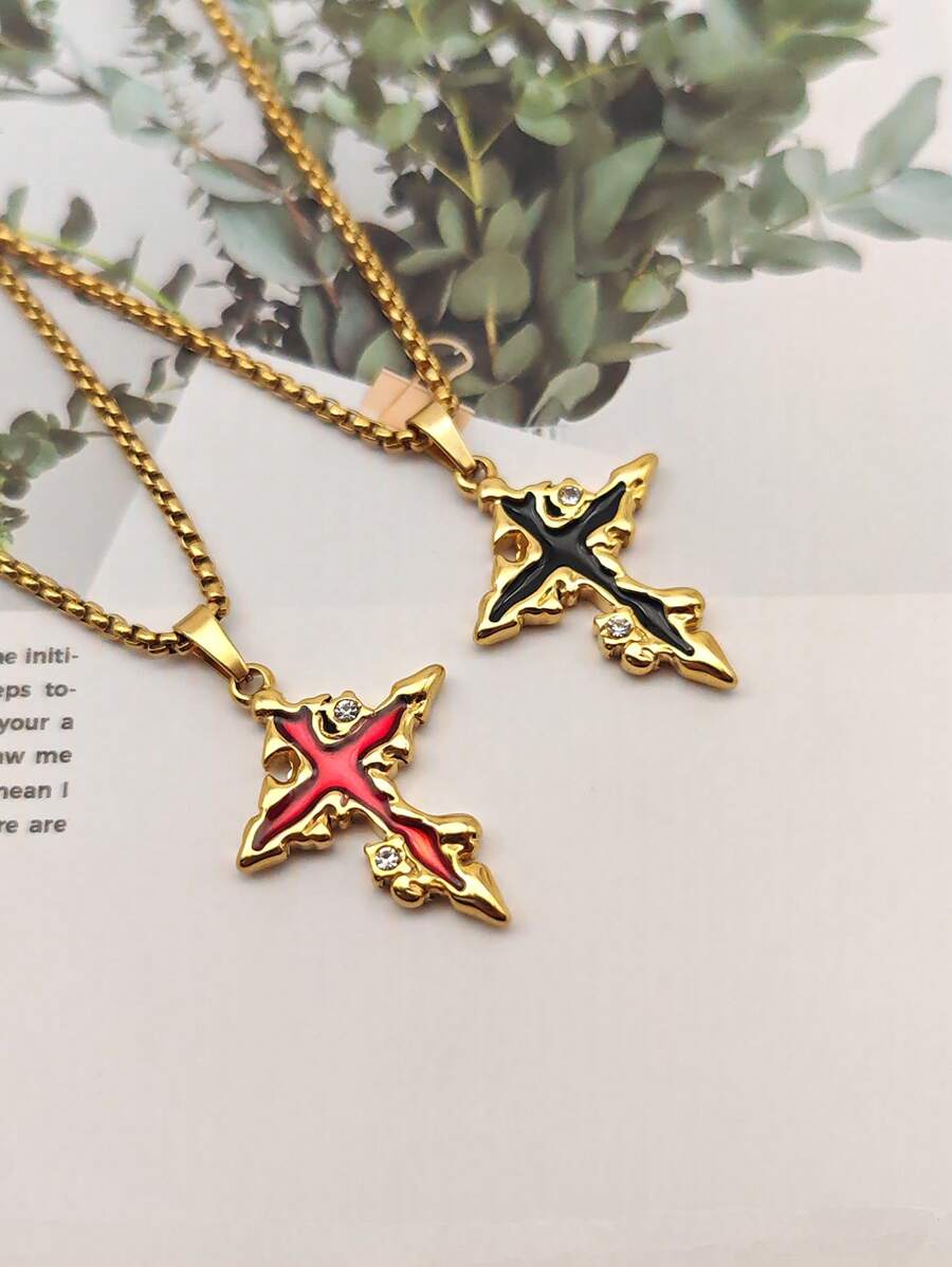 1 件时尚红黑吊坠项链，深色简约风格，颈链