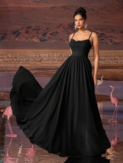AOSHABABI Black Solid Color Draped Chiffon Elegant Women's Evening Gown, Suitable For All Formal Occasions, Galas, Weddings, Concerts, Festivals, Graduations, Cocktail Parties, Dates, Vacations, And Bridesmaid Dresses, Party Dress, For Wedding Guest