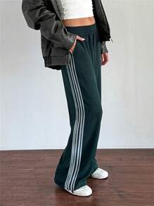 Women Summer Side Striped Pants Elastic Waist Straight Leg Long Trousers Casual Sweatpants Daily Streetwear - Green - View 3