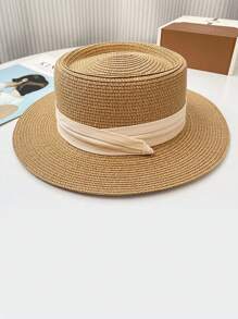 French Flat-Brimmed UV-Blocking Sunhat For Women, Foldable Design With Ribbon, Casual & Fashionable Straw Hat For Beach, Resort, Summer, Spring