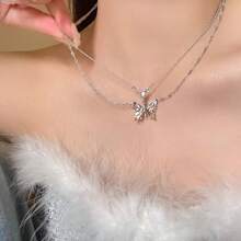 1pc Heart & Butterfly Double-Layer Necklace, Sweet & Cool Ins High-End Collarbone Chain, Suitable For Daily Wear, Best Gift Choice For Women Jewelry