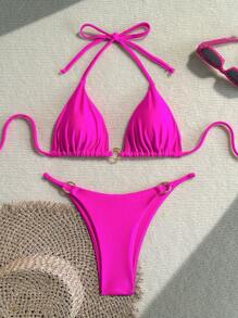 Shiny Fabric Solid Gold Round Ring Accent Halter Tied Bikini Set, For Spring Break & Summer - Hot Pink - View 1