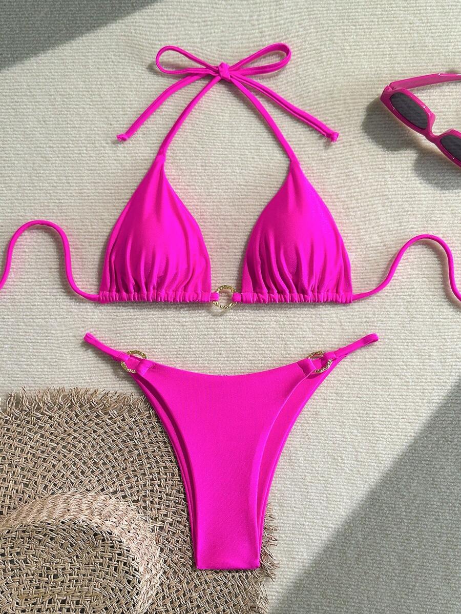 Shiny Fabric Solid Gold Round Ring Accent Halter Tied Bikini Set, For Spring Break & Summer - Hot Pink - View 1