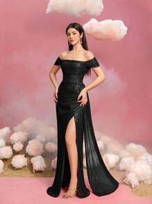 Teen Girls' Elegant Off-Shoulder Floor-Length Gown With Cascading Side Sash & High Leg Slit - Sequined Glitter Formal Dress For Pageant Princesses, Red Carpet Galas, Black-Tie Weddings, Grand Celebrations, And Luxury Evening Events - Black - View 5