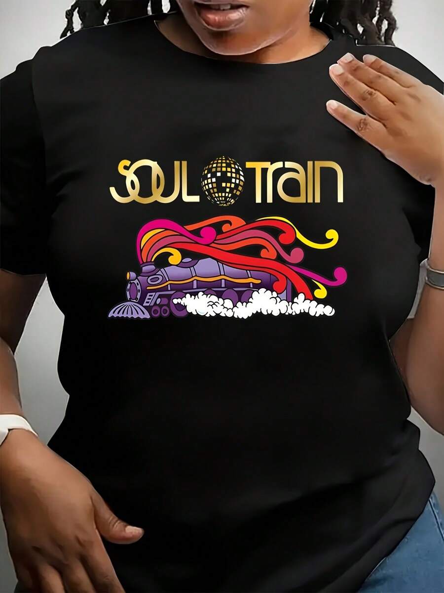 Plus Size Women's "Soul Train" Vibrant & Colorful Plus Size Women's T-Shirt, Comfortable And Breathable, Made OfPolyester 95% & Spandex 5%, Suitable For All Seasons. - 黑色 - 查看 1