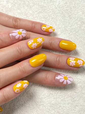 prettysecrets 24 Stück Nagelaufkleber Set mit kurzer Mandelform, süßes gelbes Gänseblümchen & rosa Blumenmuster, minimalistischer Stil, geeignet für Mädchen/Frauen für den Alltag, Wochenende, Date, enthält 1 Stück Nagelfeile und 1 Stück doppelseitiges Klebeband für Nägel, Nagelzubehör