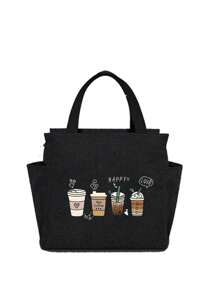 4-Cup Coffee Pattern Insulated Lunch Bag With Black Utensil Pouch, Double Pocket Lunch Box, Large Capacity, Student Meal Thermal Cooler Bag, Portable Travel Picnic Bag, Office School Lunch Box, Work Lunch Box, Work Office Holiday Lunch Box, Unisex Multipurpose Camping School Lunch Box (4 Color Options) - Multicolor - View 17