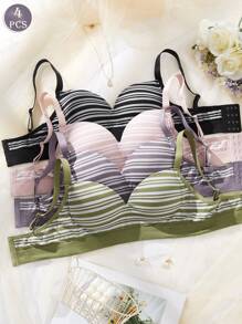 4PCS Women's Solid Color Seamless Lace Lingerie Bra Underwear, Adjustable Back Button, Fixed Stereo Cup, Comfortable Sports Lingerie Bra Without Rims. - Multicolor - View 3
