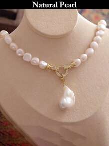 1pc Fashion Asymmetrical Baroque Pearl Necklace, Natural White Baroque Pearl Pendant Necklace, Stylish & Unique For Daily Wear, Holiday Gift
