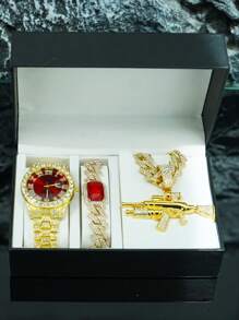 1 Set Men's Personalized Alloy Rhinestone Embellished Rifle Pendant Necklace, Gemstone Bracelet, Watch, European & American Stylish Hip-Hop Accessory, High-End Gift Box - Gun Set - View 2
