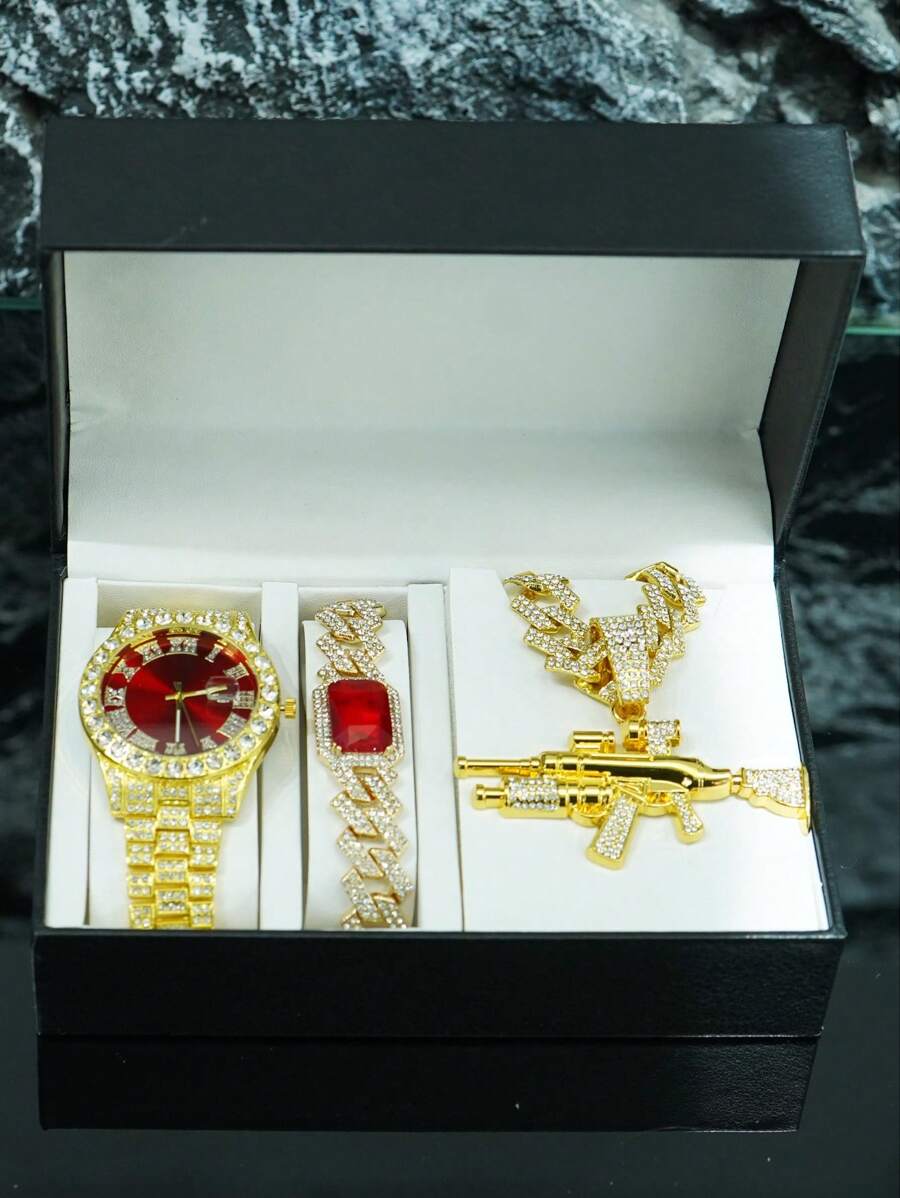 1 Set Men's Personalized Alloy Rhinestone Embellished Rifle Pendant Necklace, Gemstone Bracelet, Watch, European & American Stylish Hip-Hop Accessory, High-End Gift Box