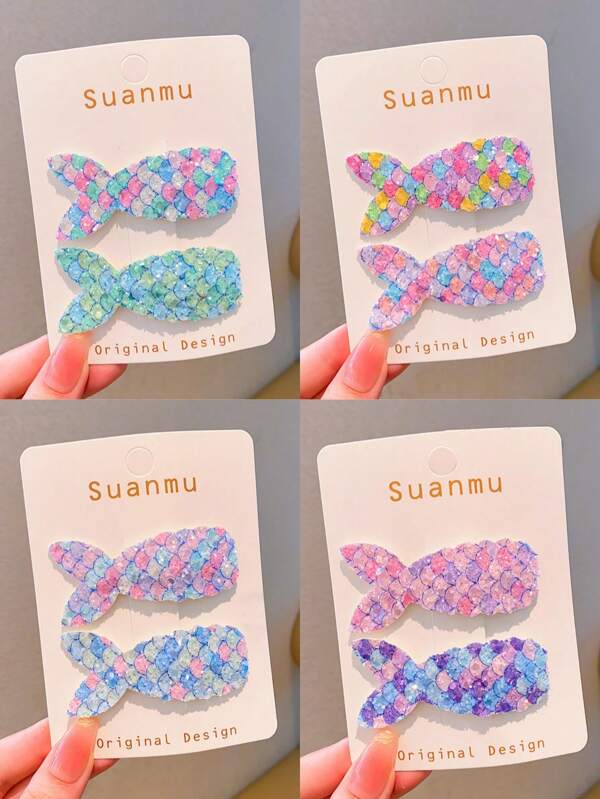 2pcs Children Mermaid Tail Hair Clips, Cute And Elegant Princess Hair Clips/Pins, Random Pattern Without Card